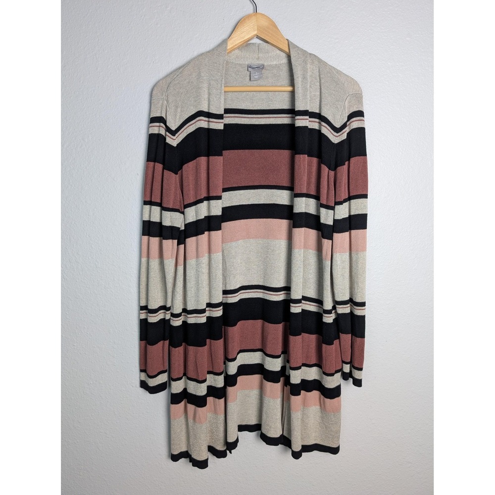 Chico's‎ Cardigan Sweater Womens XL Beige Stripe Open Front Lightweight Knit